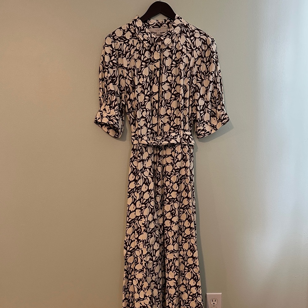 LOFT Black and Cream Floral Midi Dress